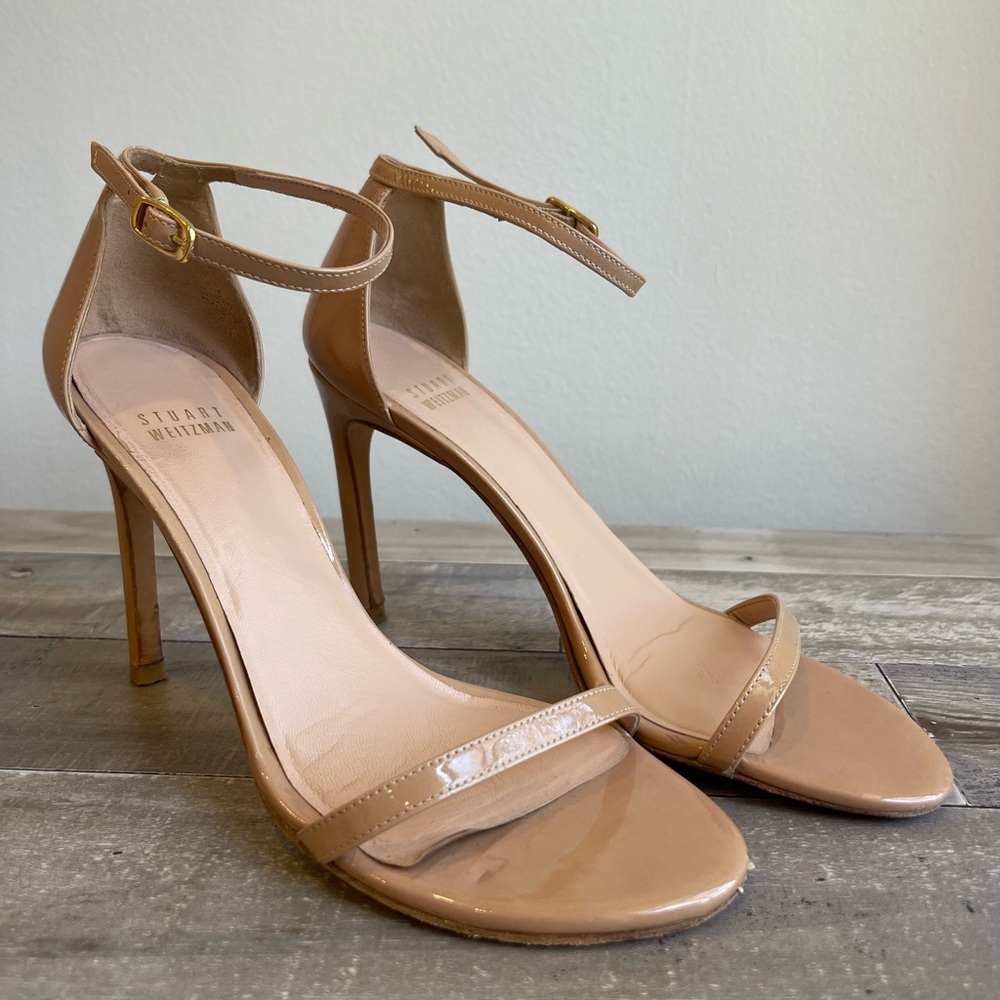 Stuart Weitzman Nudist Patent Ankle-Wrap High-Heel Sandals. Very good condition.